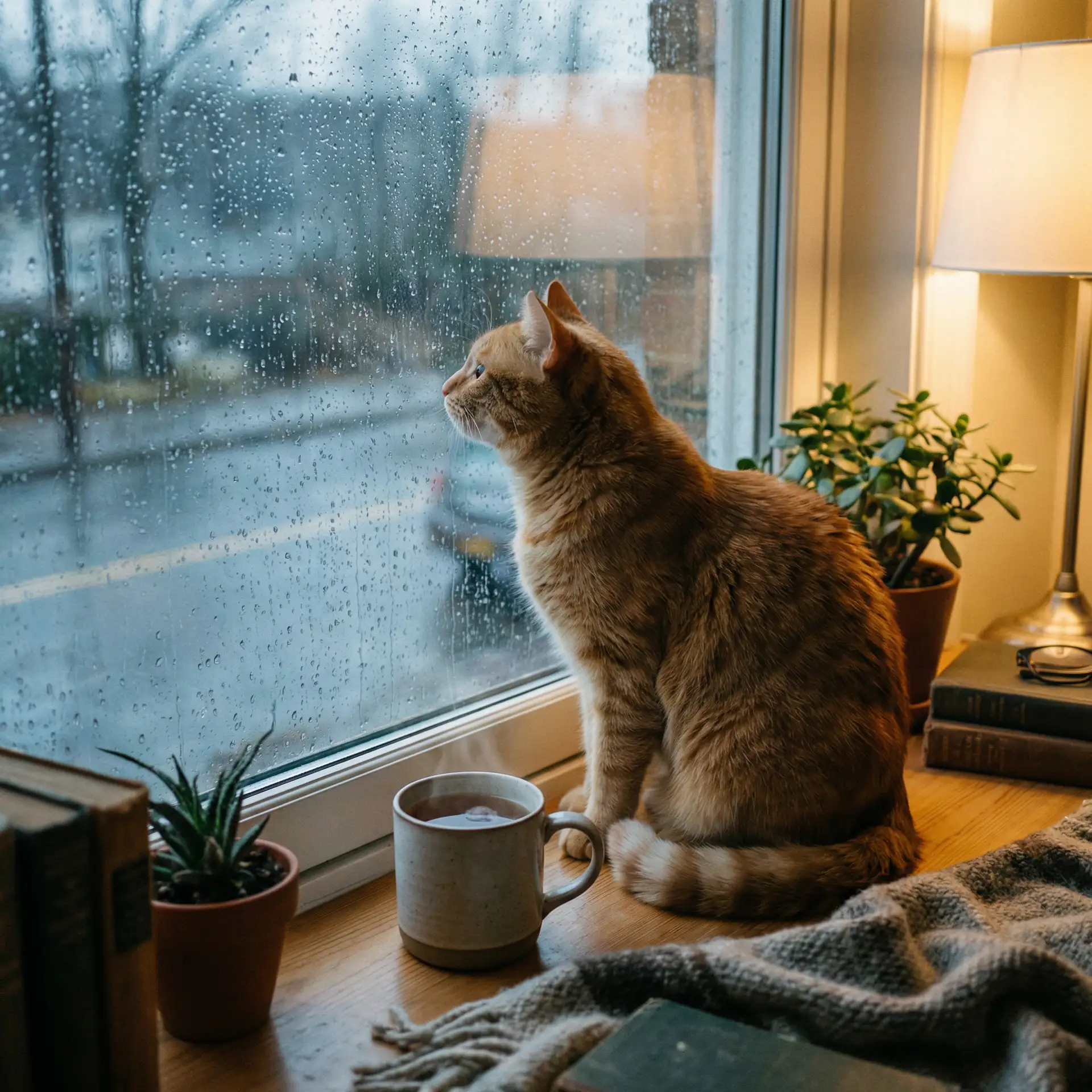 猫咪望着窗外的雨 - 坐在学长上写作业